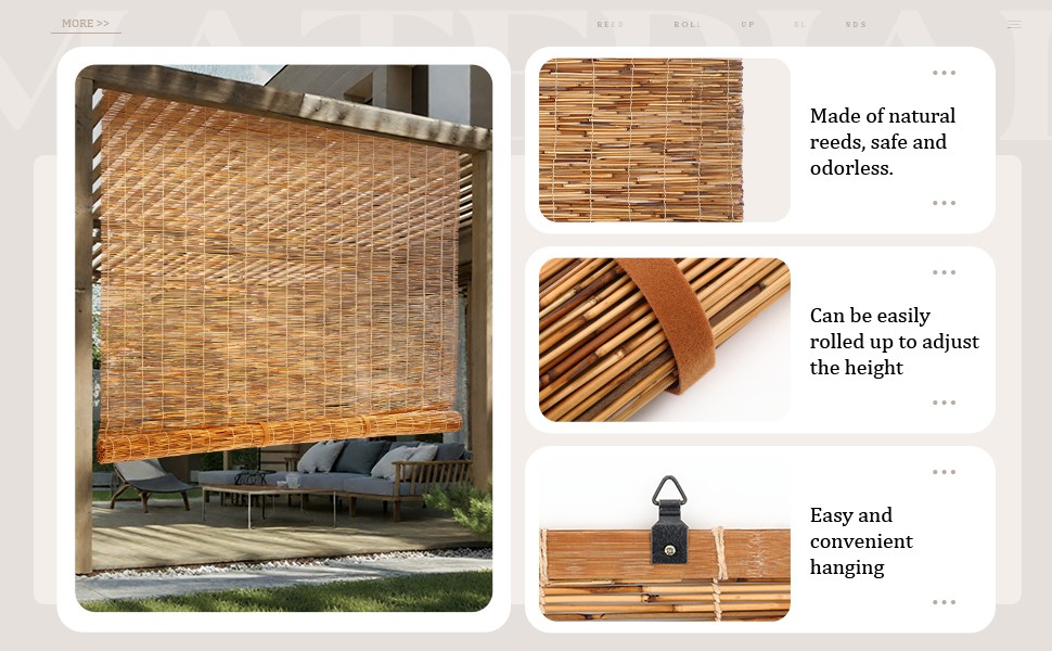 3 Pcs Bamboo Shades Outdoor Reed Roll Up Blinds 72″ W x 72″ H Blackout Sunshade