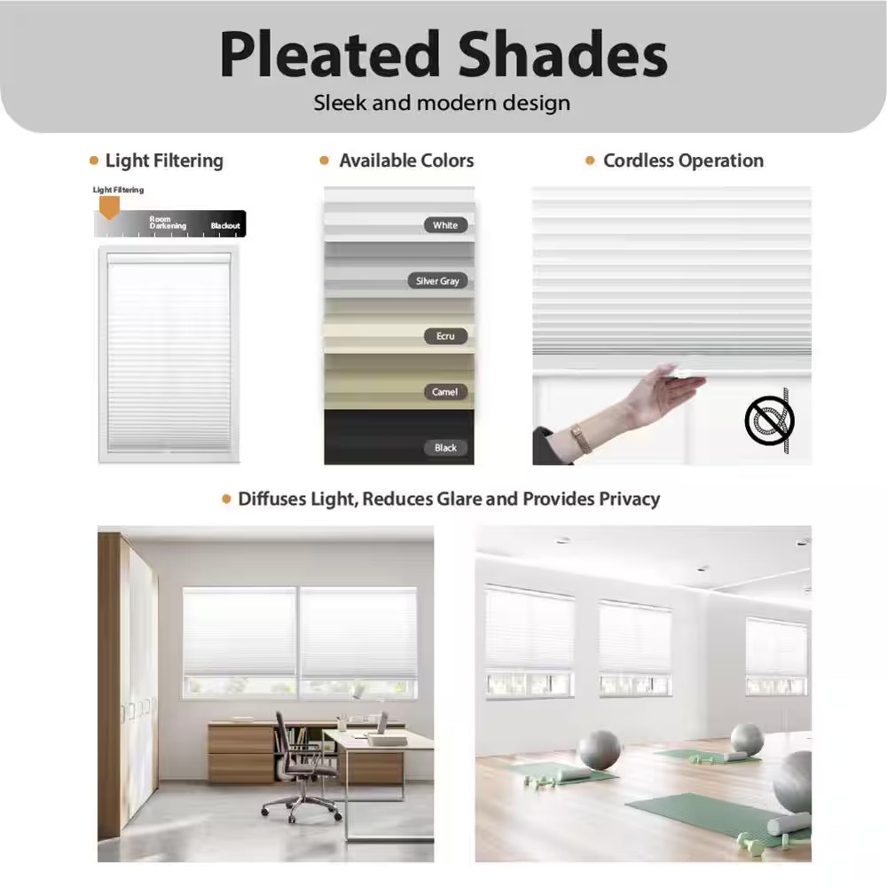 White Cordless Light Filtering Polyester Fabric Pleated Shade – 34 In. W X 64 In
