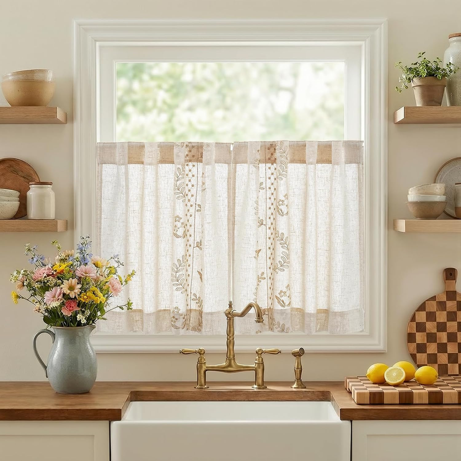 jinchan Belrose Linen Floral Kitchen Curtains 24 inch Length Embroidered Farmhou