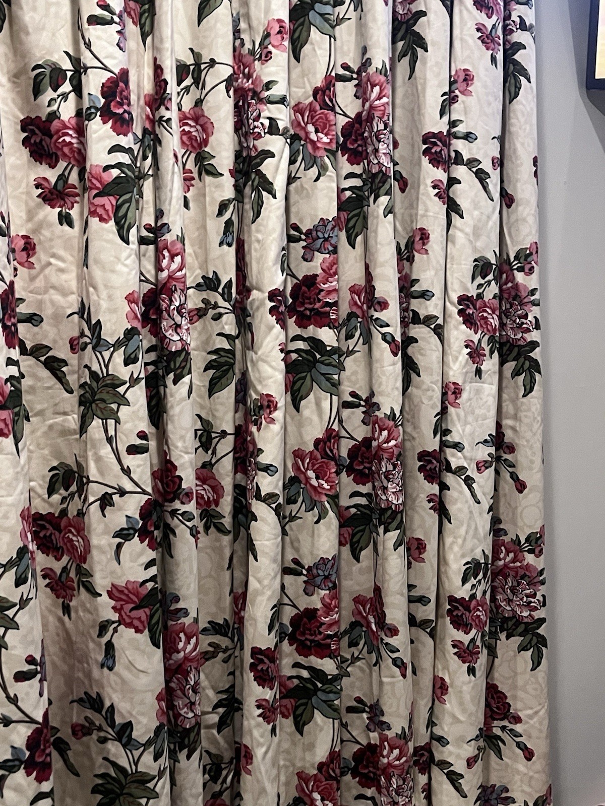 CUSTOM FLORAL WINDOW TREATMENT DESIGNER CHINTZ PANELS LINED TRIM CREAM 2
