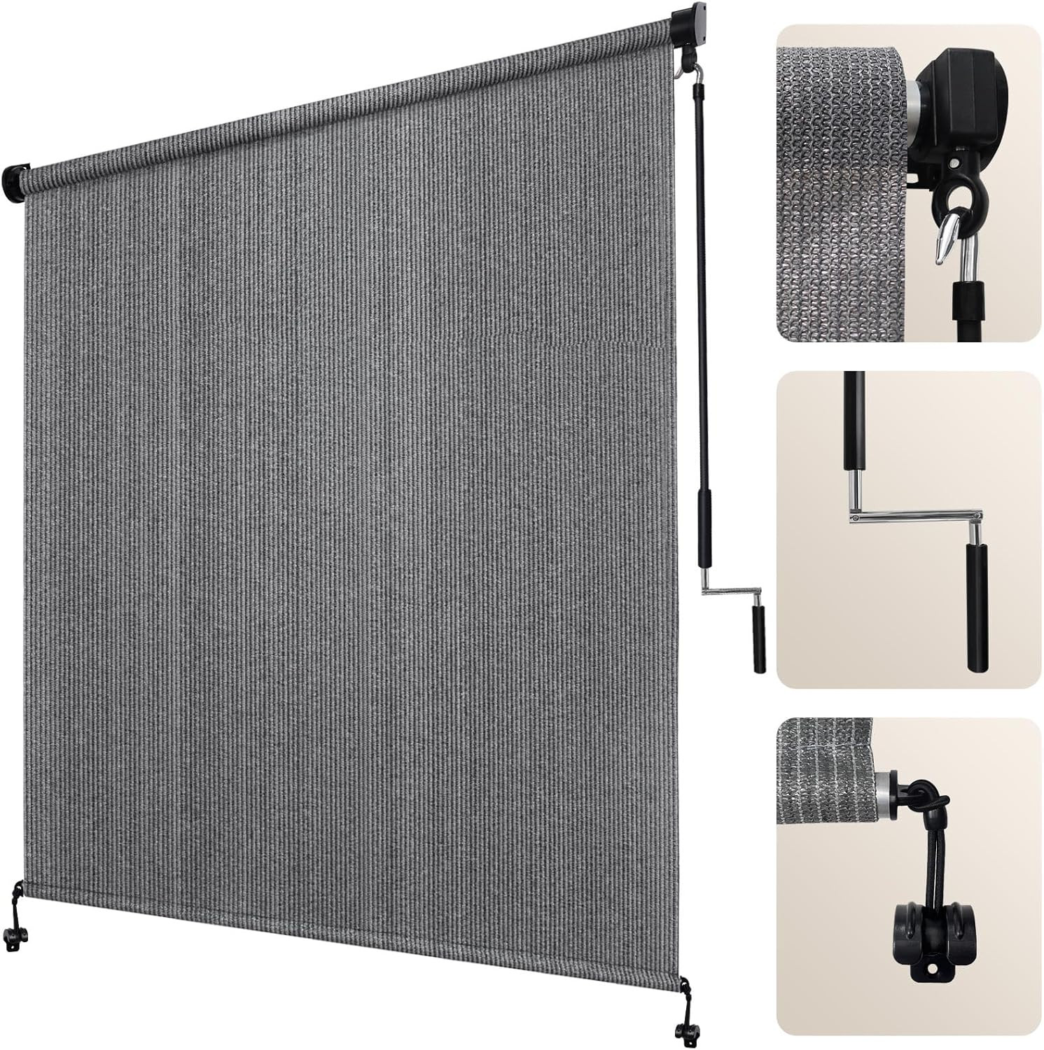 Artpuch Outdoor Roller Shade 8′ W X 8′ H, Gray Exterior Cordless Patio Shades Ro