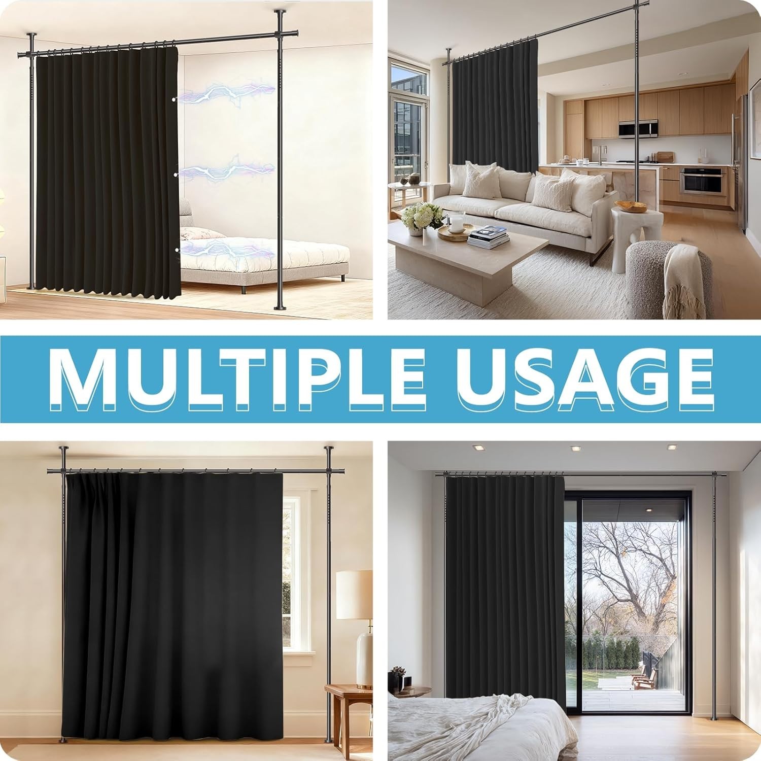 No Drill Room Divider Curtain Set Black Adjustable Pole 106×84 Inches