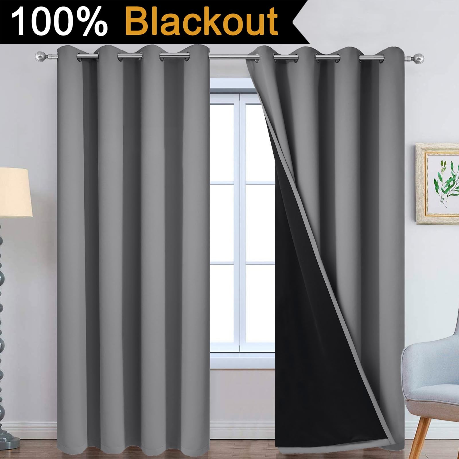 Grey 100% Blackout Curtain Panels 84 inches, 52″ Wide, 2 Panels