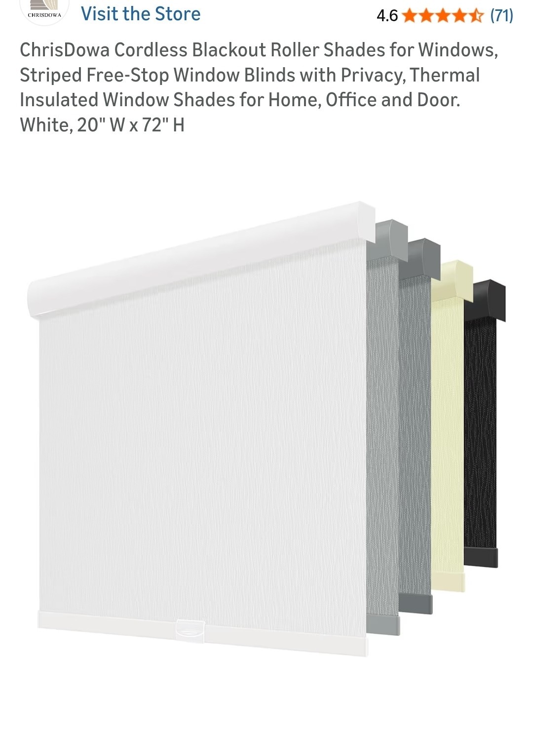 ChrisDowa Cordless Blackout Roller Shades for Windows . 20W x 72H
