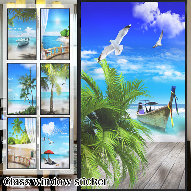 Frosted Window Film Decorative Seaside Beach Glass Stickers Static NEW