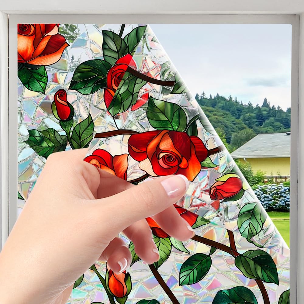 Stained Glass Windows Film,3D Red Rose Valentines Window Clings,Flower
