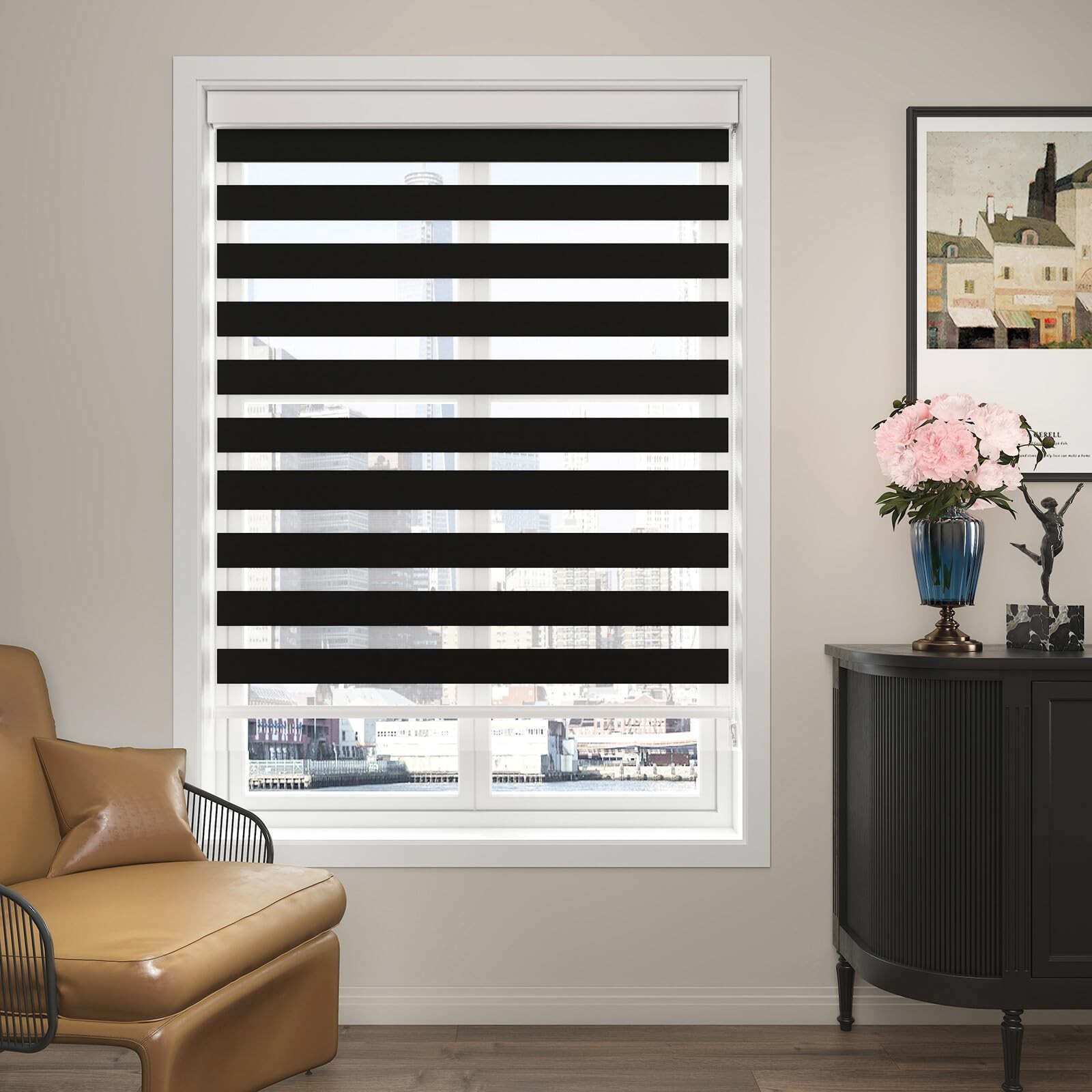 Zebra Blinds 39″ W x 72″ H Black Roller Window Shades Corded Dual Layer Light