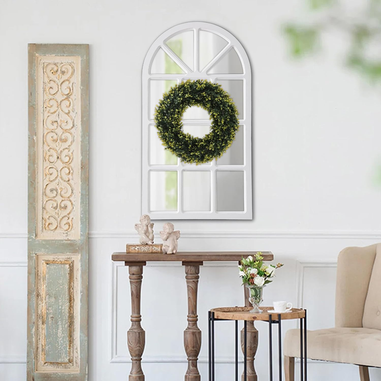 Rustic Arched Window Pane Mirror 20 X 36 Inch, Hanging Distressed White Window M