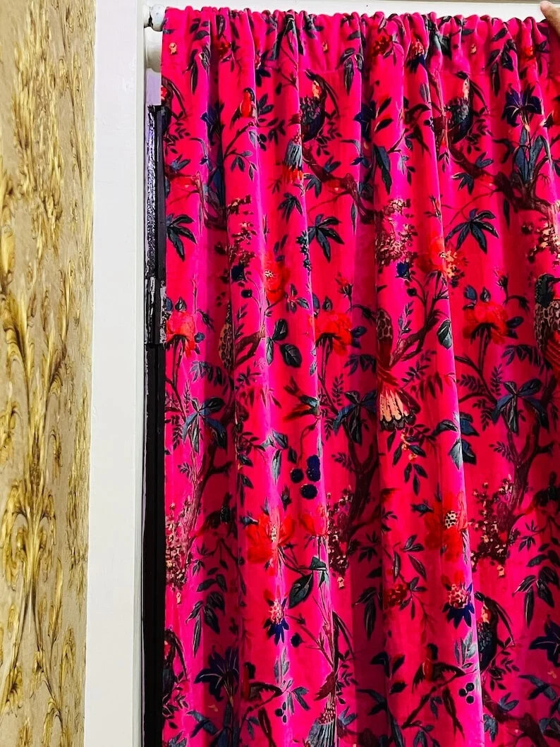 Vintage Cotton Velvet Hot Pink Bird Print Luxury Curtain, Boho Curtain Drapes