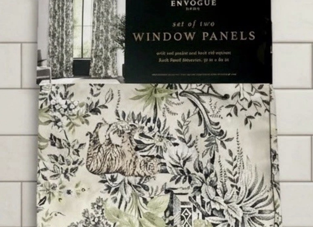 NWT Envogue 2 pc Window Curtains Asian Toile Jungle Tigers Birds ea 37″ x 84″ lg