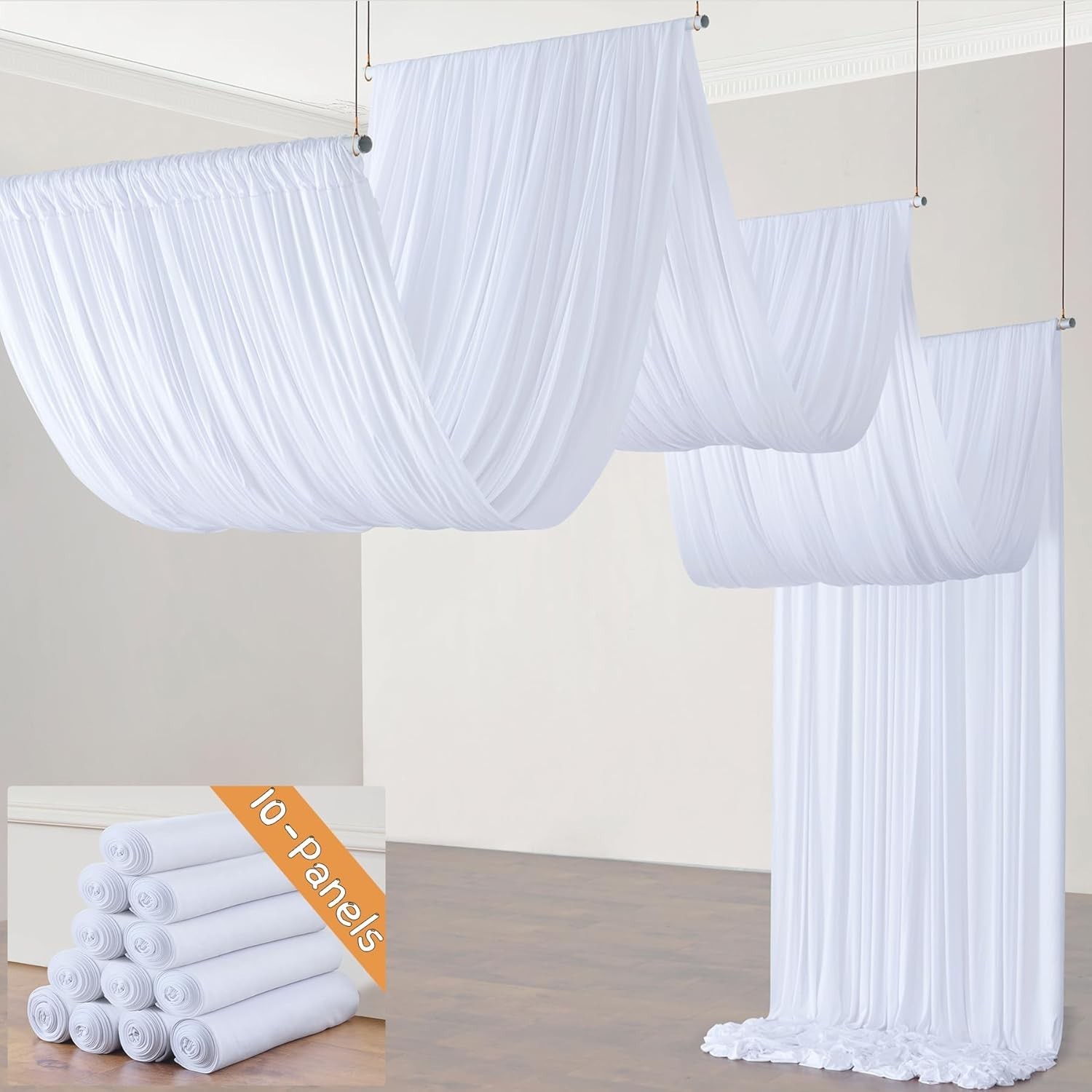50Ft White Ceiling Drapes – 10 Panels for Weddings, Parties & Events