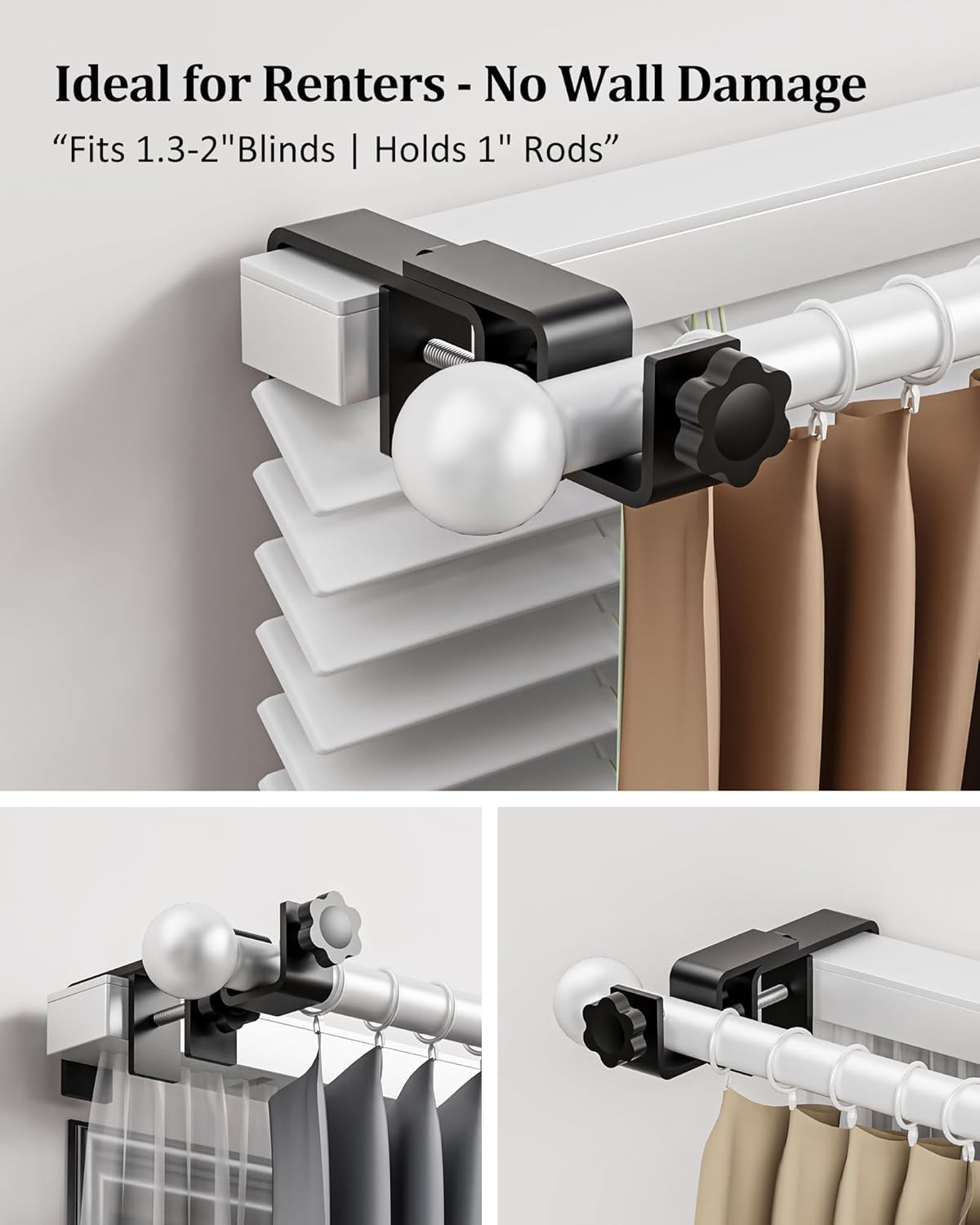 Outside Mounted Blinds Curtain Rod Bracket, 1.3-2″ Adjustable, No Drilling Cu…