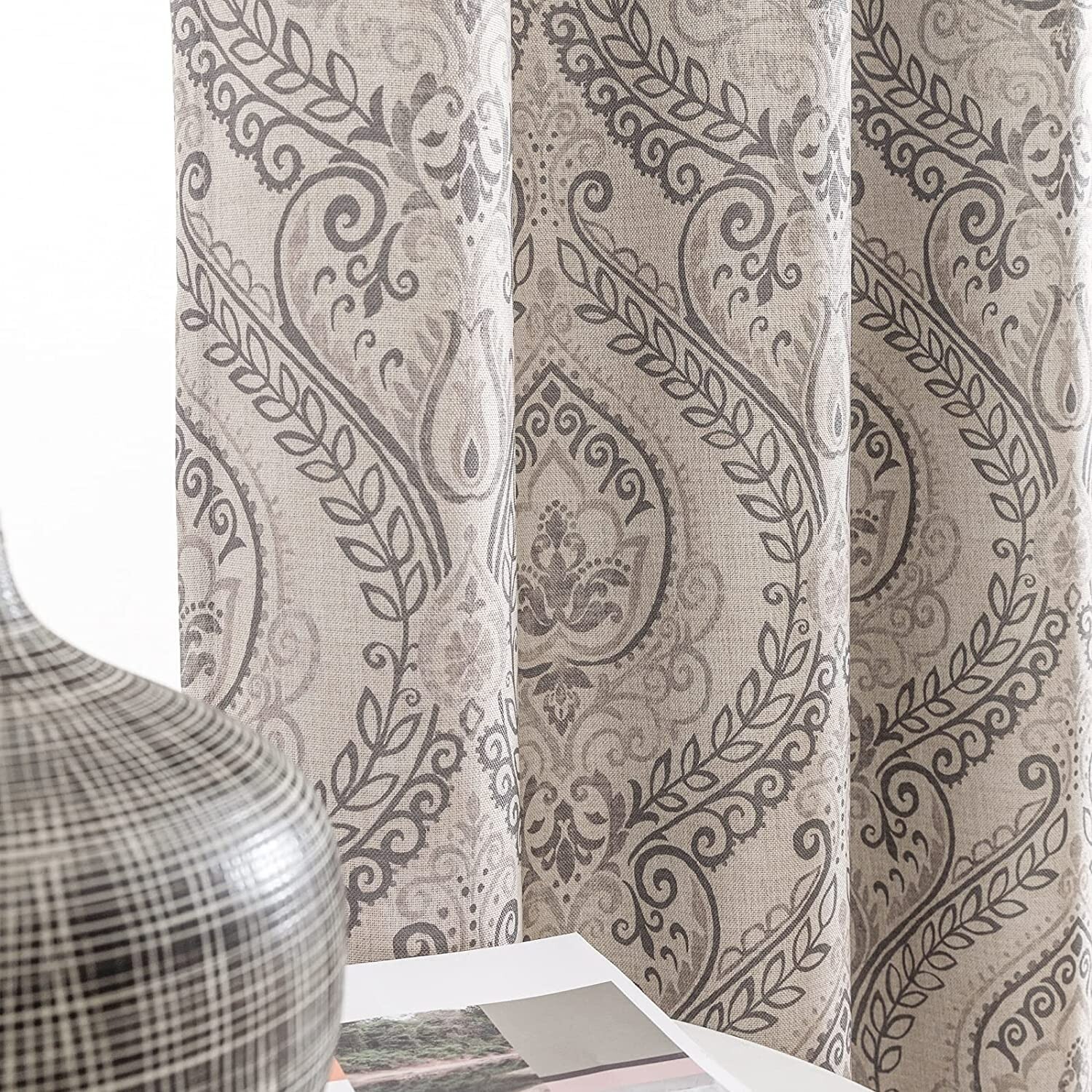 JINCHAN Vintage Linen Curtain Panel for Living Room Gray Print on Beige