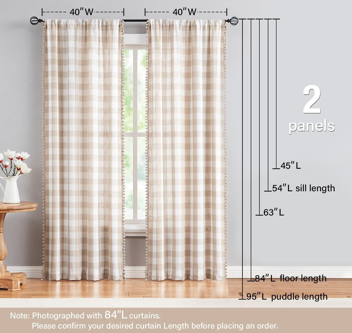 Buffalo Check Curtains 84inch 40″W x 84″L (Pack of 2) Taupe and White