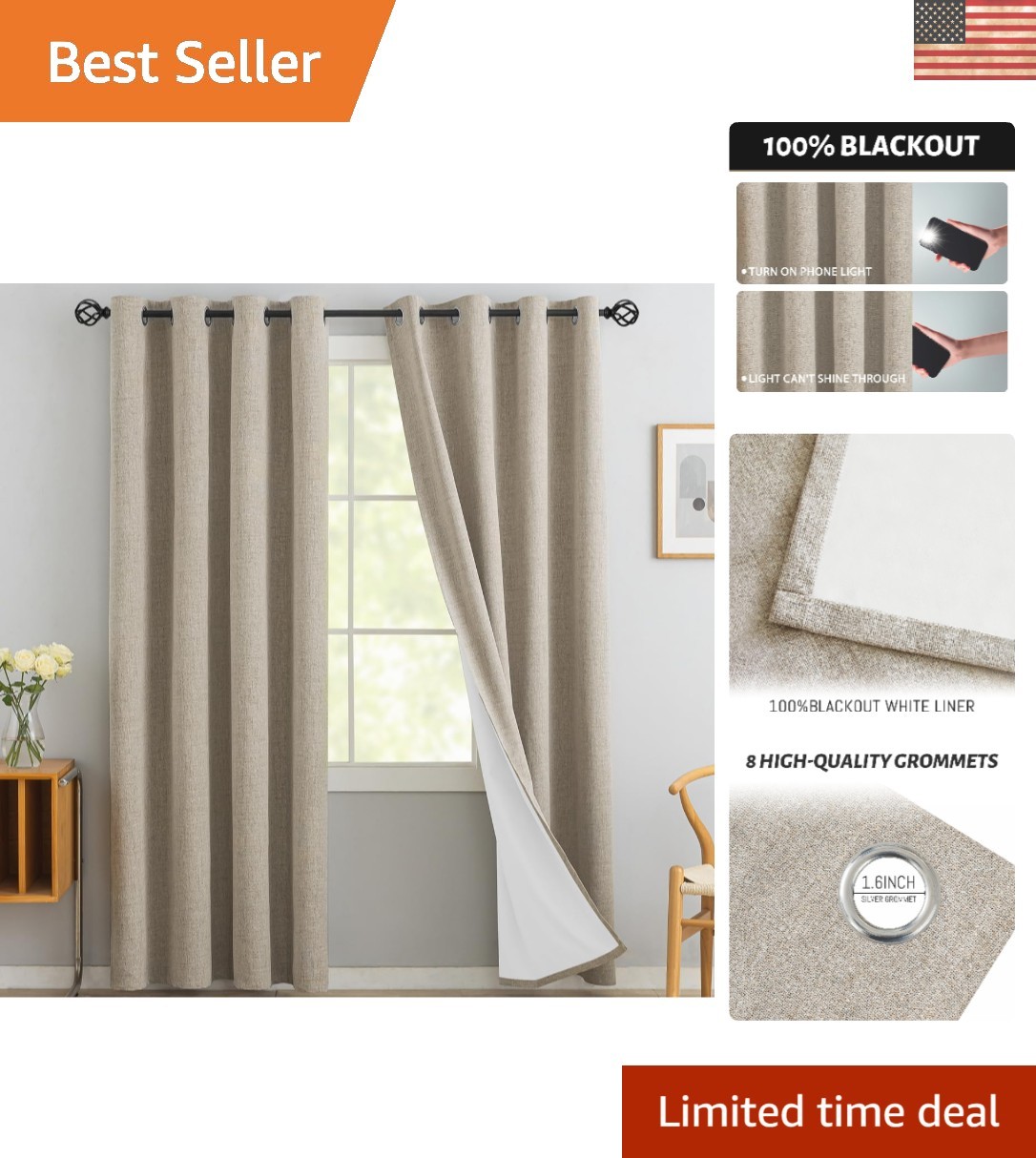 Natural Linen Thermal Blackout Curtains – 2 Panels, 84″ Long for Living Room