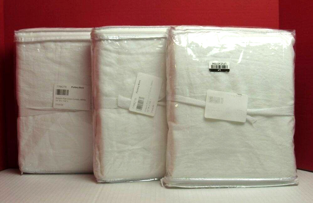 Pottery Barn Belgian Flax Linen Curtains Cotton Lined 50″ x 108″ Set/3 White