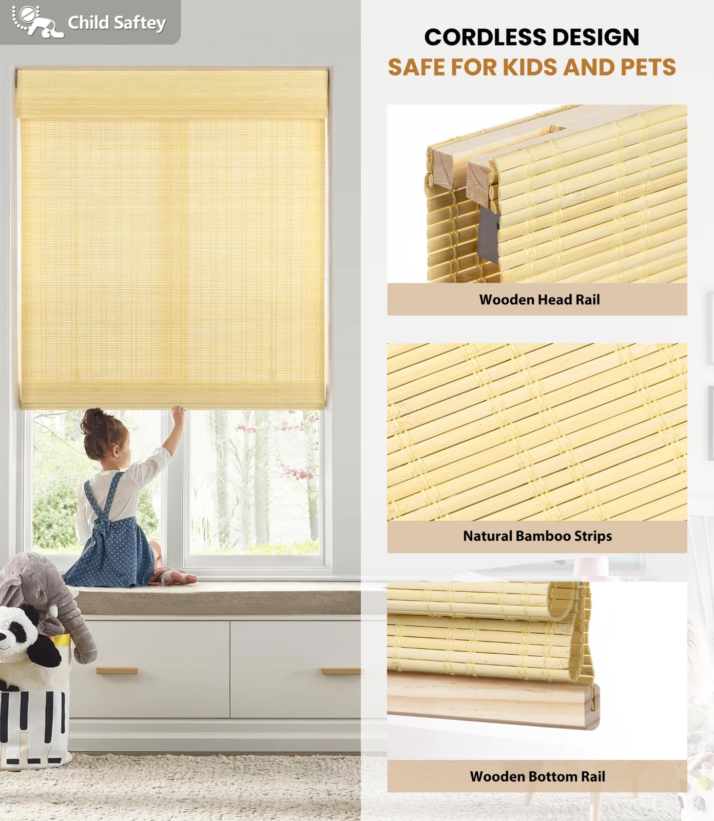 LazBlinds 34” W x 64” H, Ceylon Natural No Tools No Drill Cordless