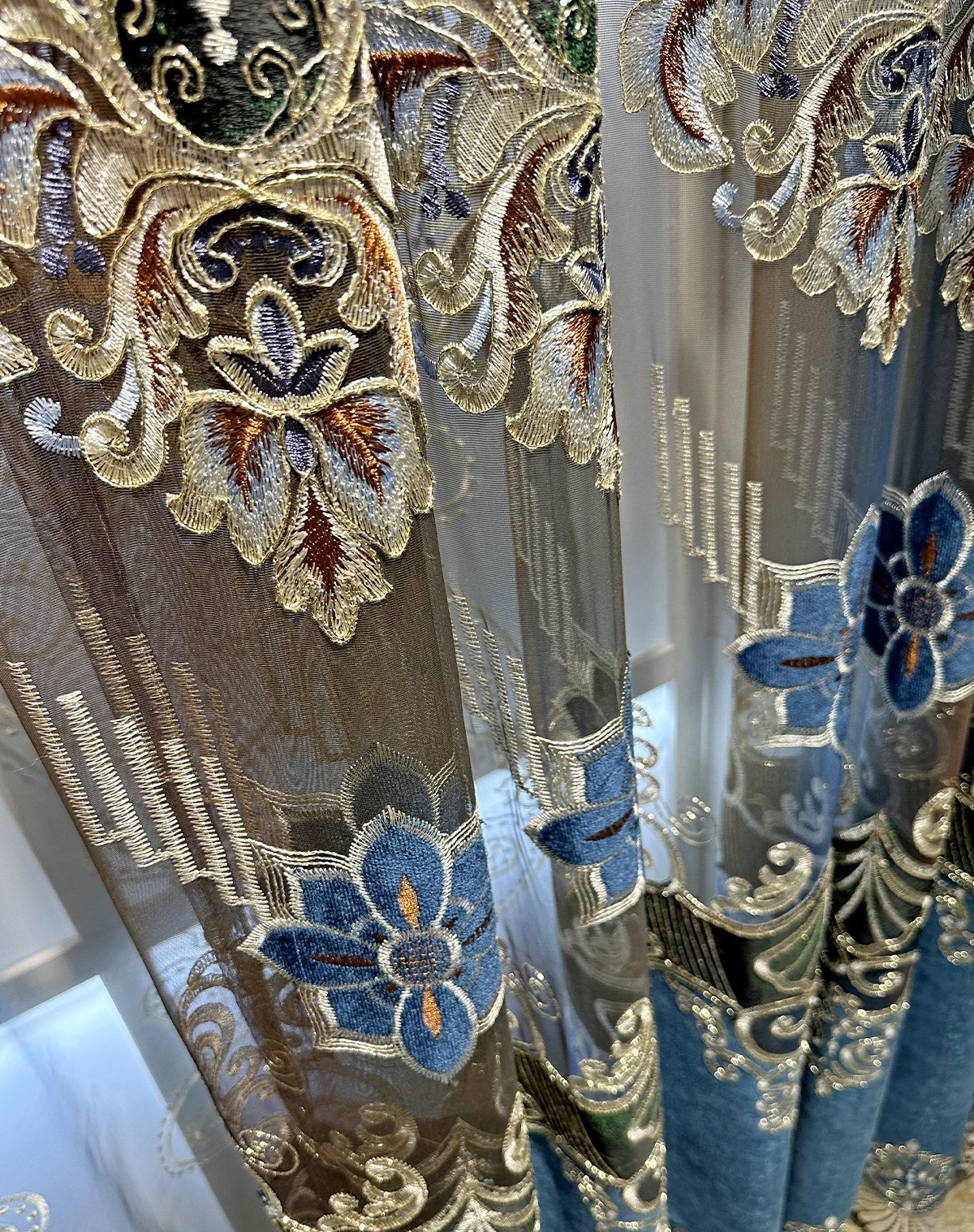 luxury European embroidery valance blue hollow-out cloth curtain tulle M1840