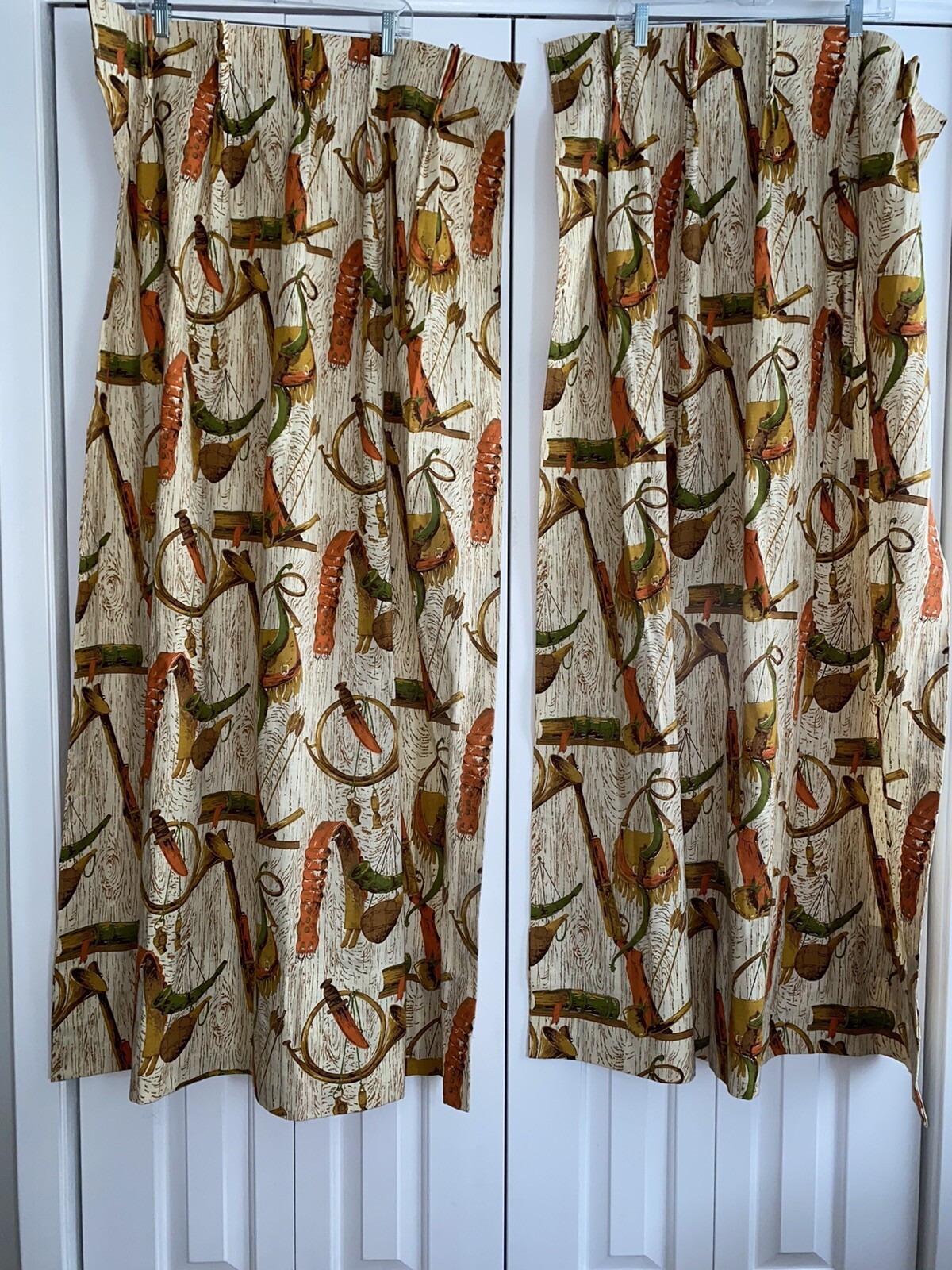 Vintage 60s Guns Horns Arrows Knives Print Set of 2 Pinch Pleat Drapes Curtains
