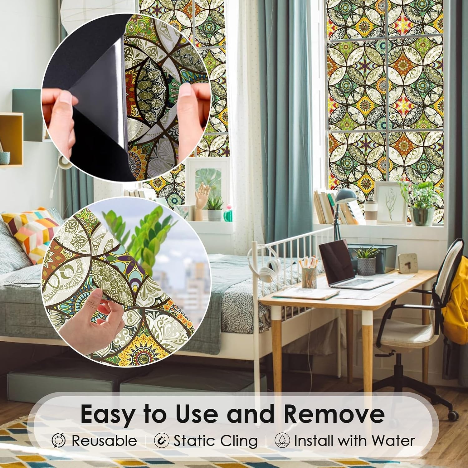 Window Privacy Film Static Clings Stained Glass Sticker with Installation Tools