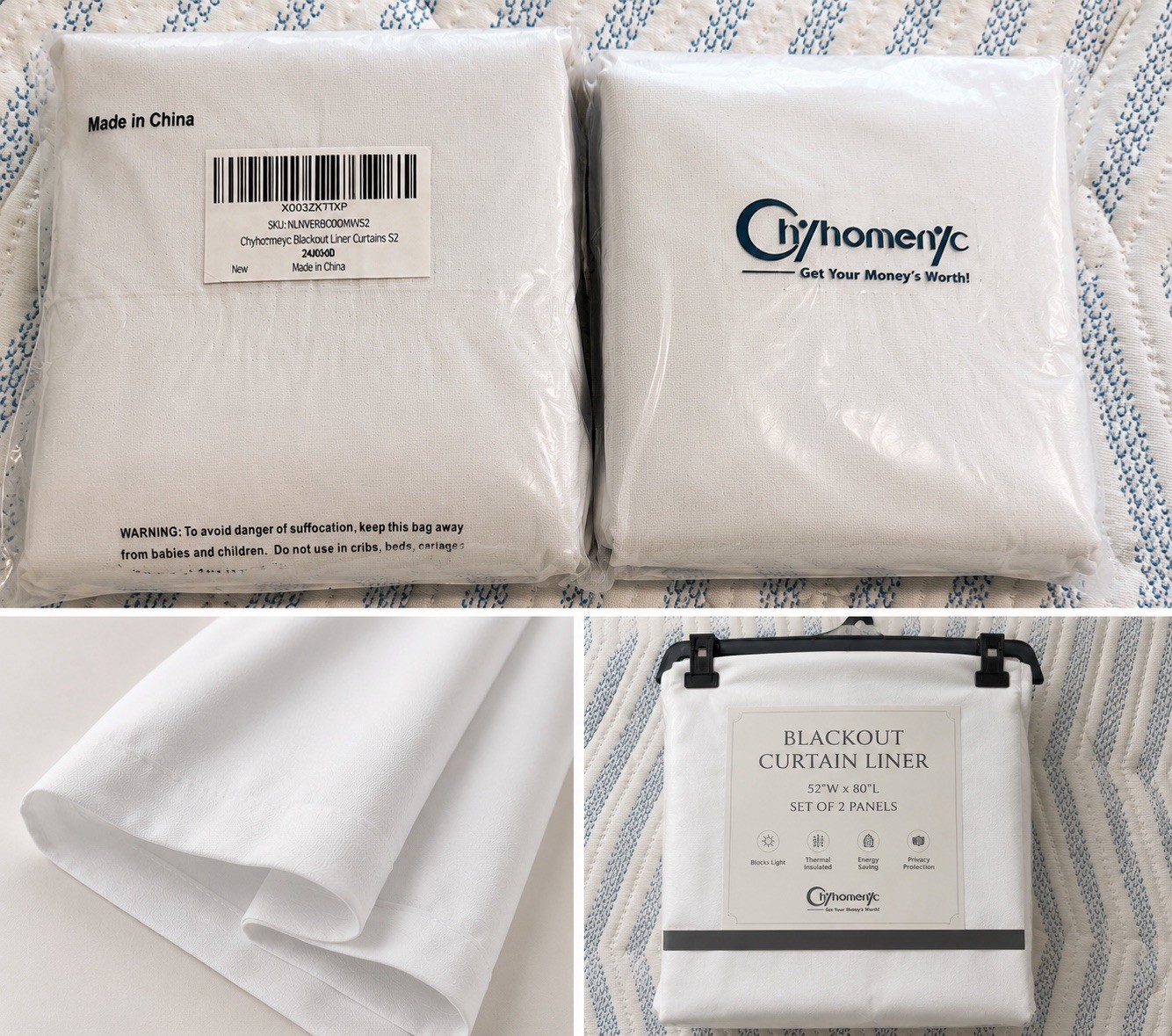 Chyhomenyc Blackout Curtain Liner Set 2 White 52×80 Rod Pocket Thermal Privacy