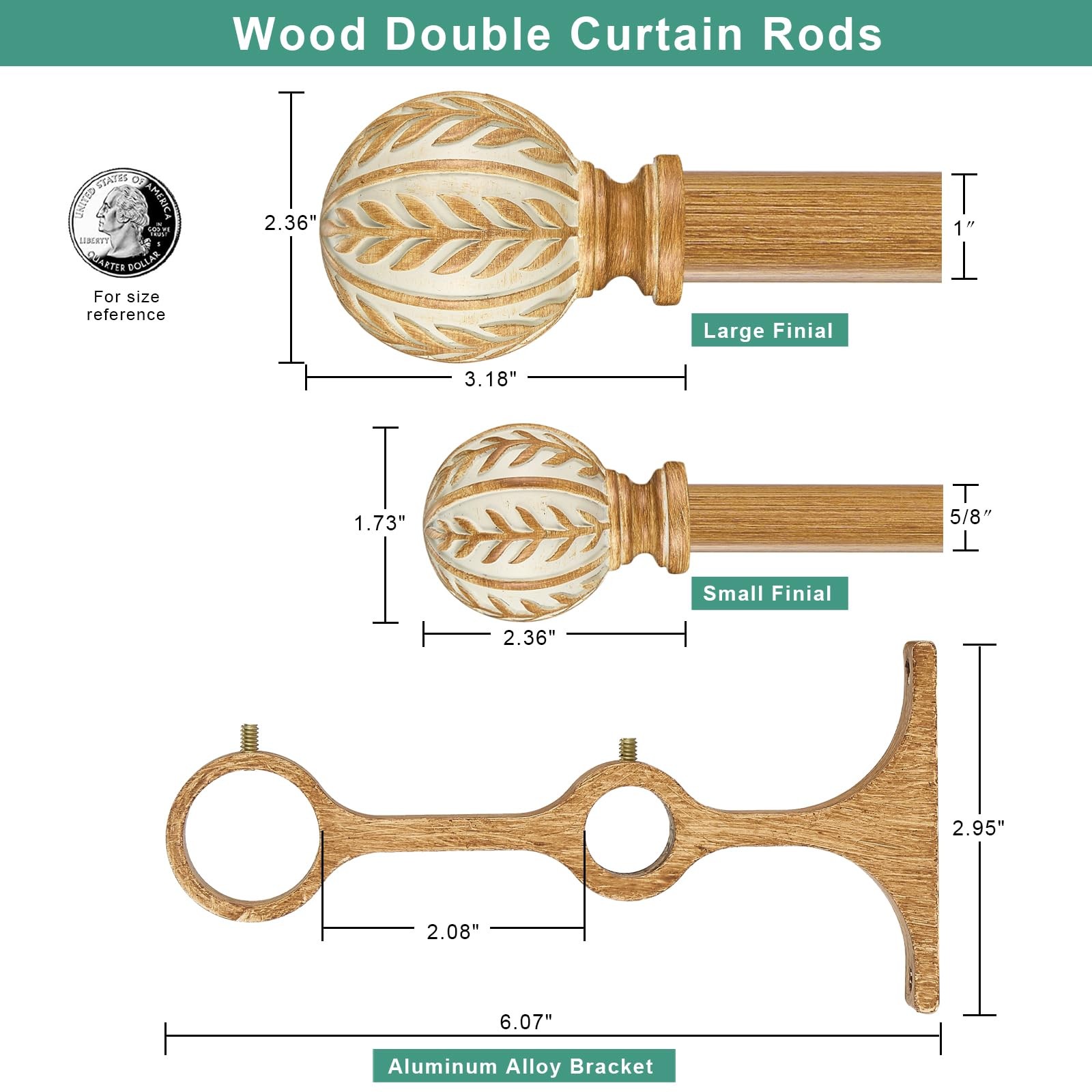 Double Wood Curtain Rods 72-144 Inch(6-12ft), Heavy Duty 1 Inch Front and 5/8…