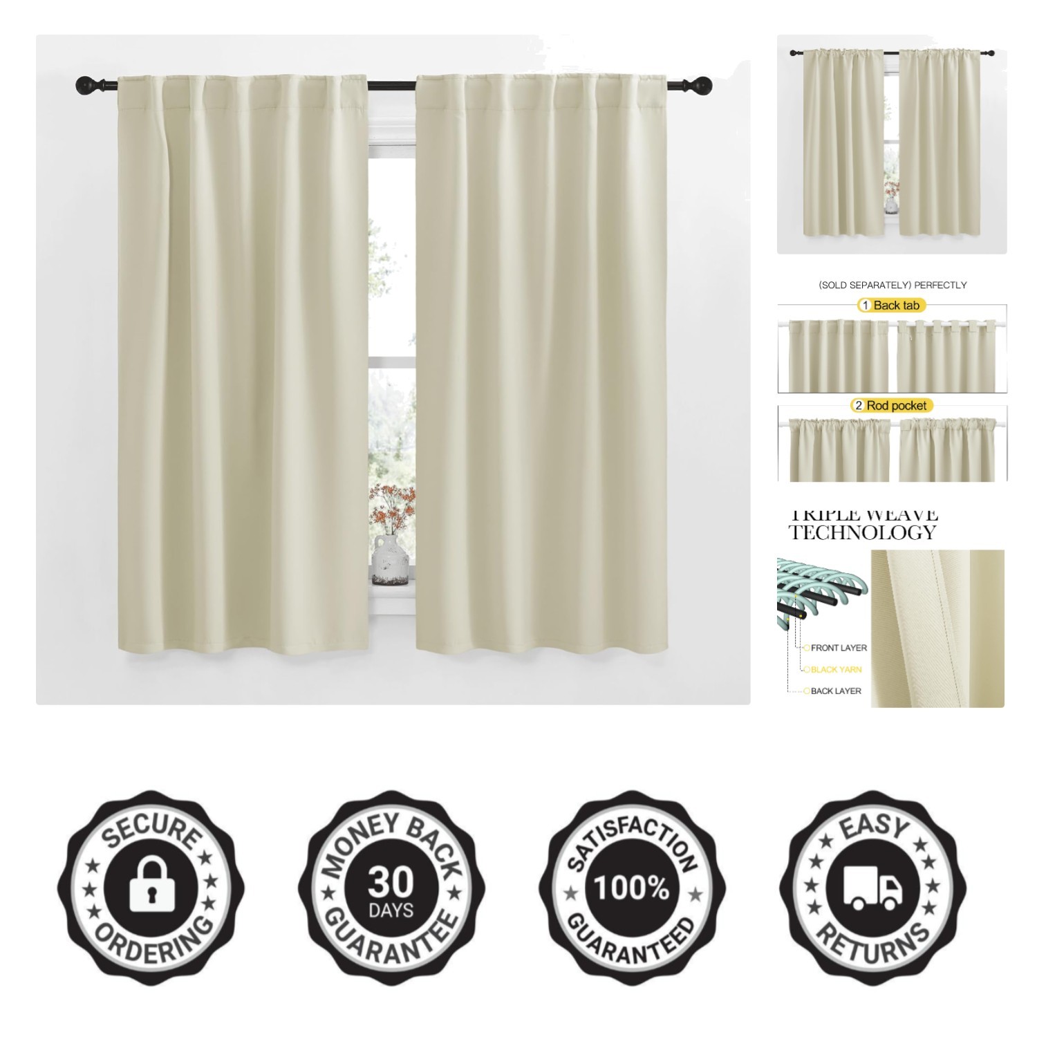 2-Pack Thermal Insulated Blackout Drapes in Beige – 34×63 Inch for Any Room