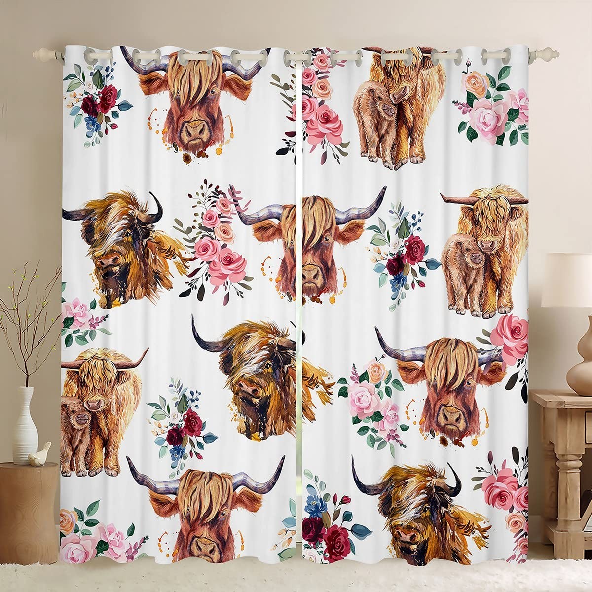Highland Cow Darkening Drapes Girls Cute Highland Cattle Blackout Curtains Pi…
