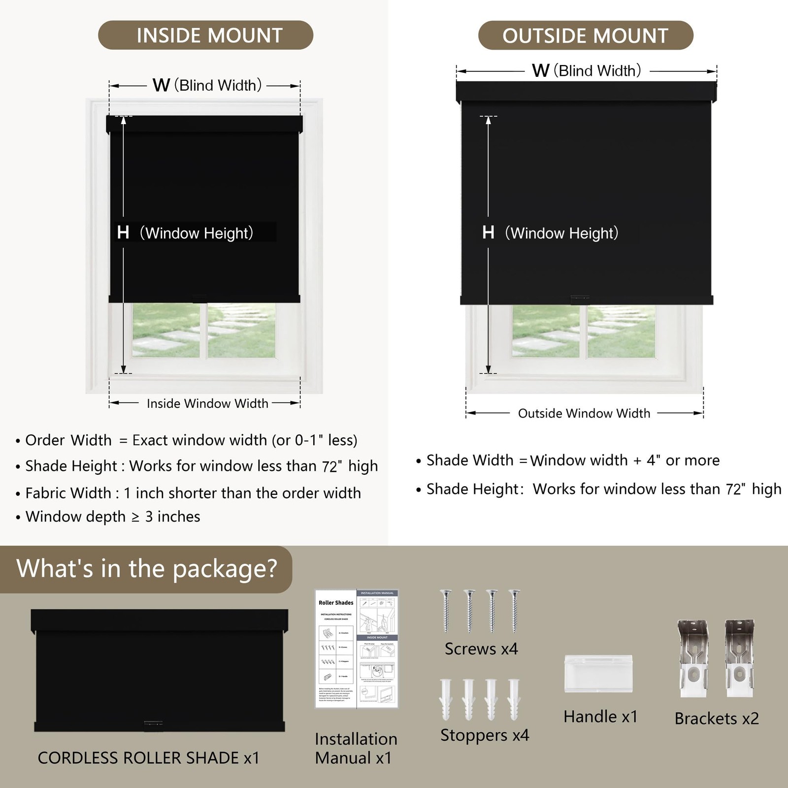 Cordless Blackout Roller Shades Blinds for Windows Free-Stop,Pull Down Room D…