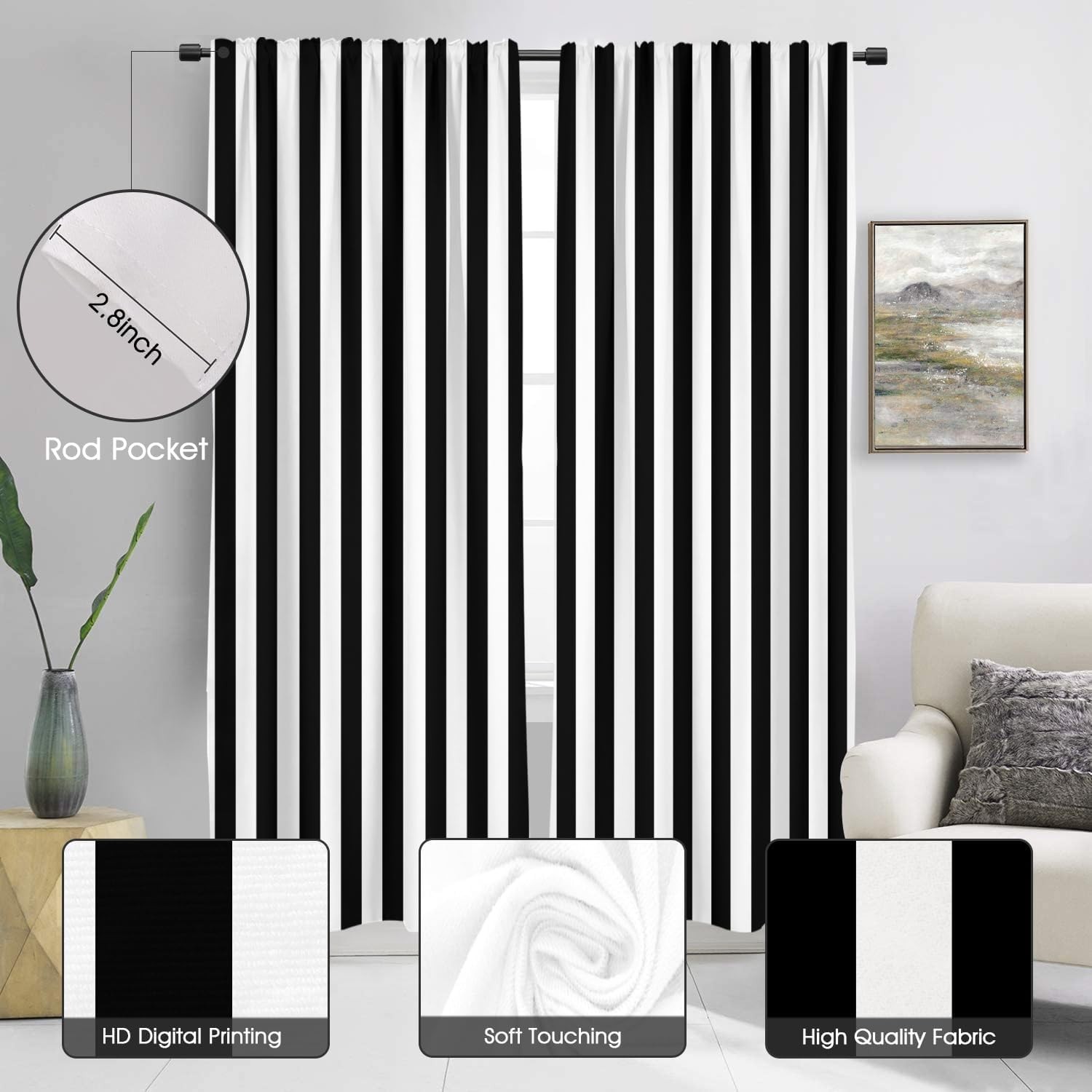 Black and White Window Curtain Long Striped Simple Trendy Farmhouse