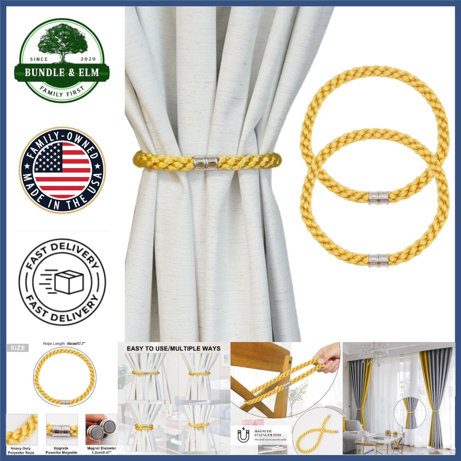 Stylish Gold Curtain Tiebacks, 2pcs Magnetic Holders for Various Curtain Styles
