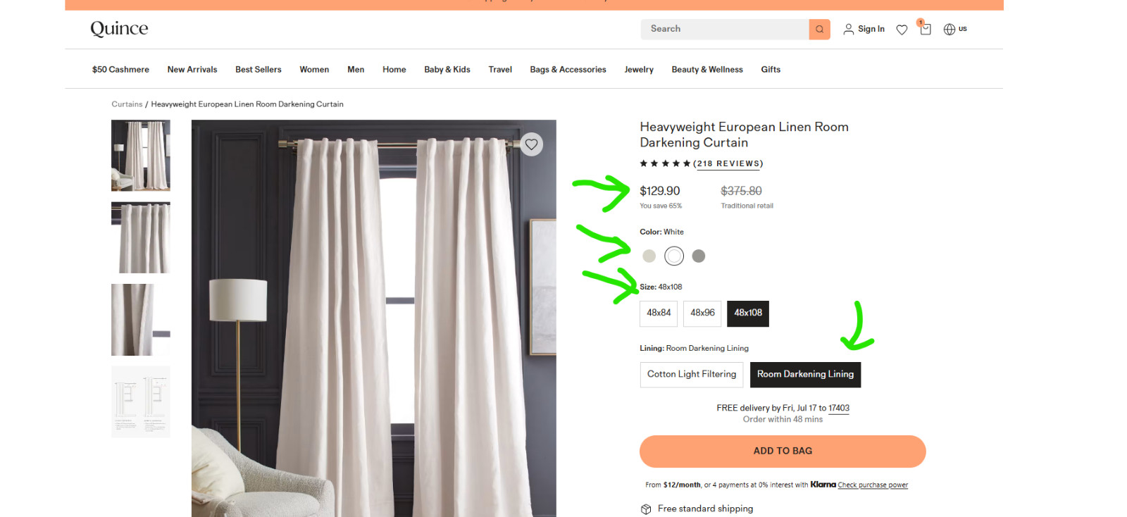 NWT QUINCE HEAVYWEIGHT LINEN ROOM DARKENING CURTAIN PANEL SET 2 WHITE 48 X 108