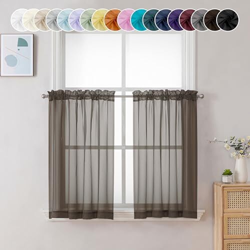 Sheer Tier Curtains 24 Inch Length, Small Window 42 W x 24 L Chocolate Brown
