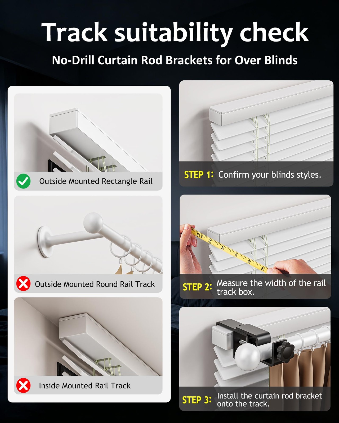 Black No-Drill Curtain Bracket Set for Outside-Mount Blinds, 3-Pack