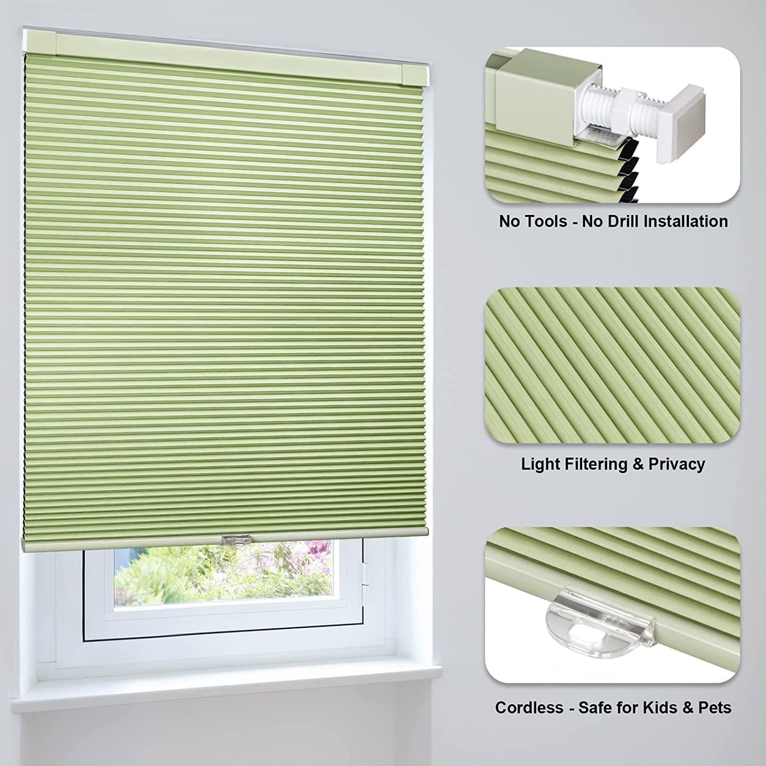 LazBlinds Cordless Cellular Shades, No Tools Blackout – Green – 36″ W x 64″ L