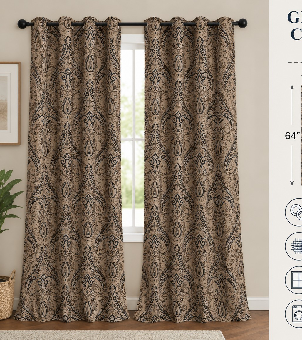 Beige/Blue/Gray Damask Grommet Curtain Panel 52×64 Fabric Light Filtering