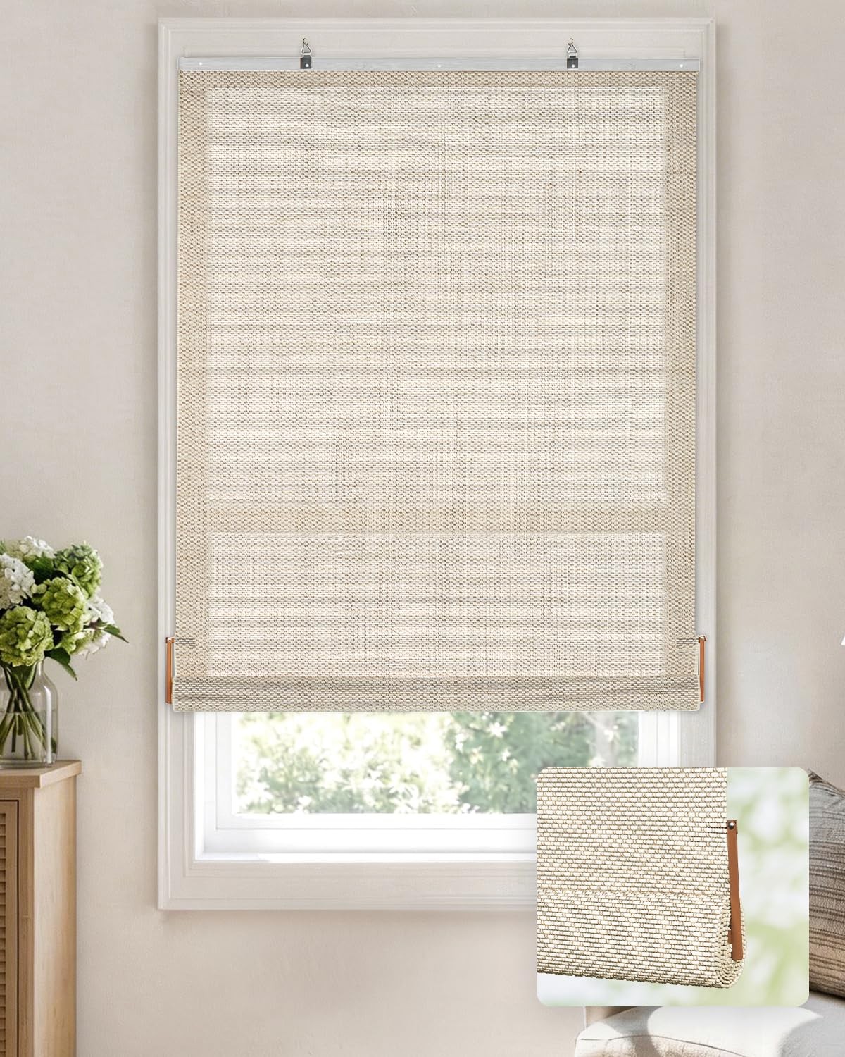 Manual Roll-up Bamboo Blinds, 39″ W x 72″ H, Star-Off White