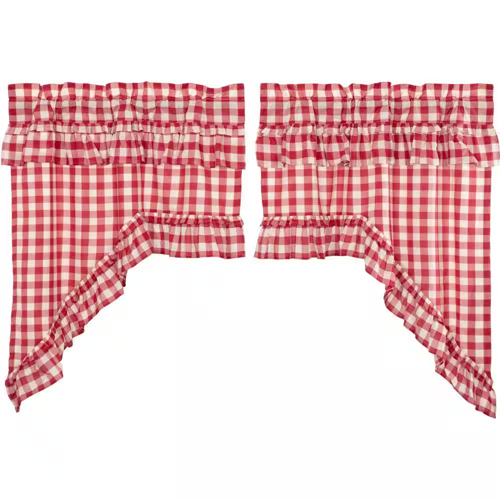 Annie Buffalo Check Ruffled 36 In. L Cotton Swag Valance in Red White Pair