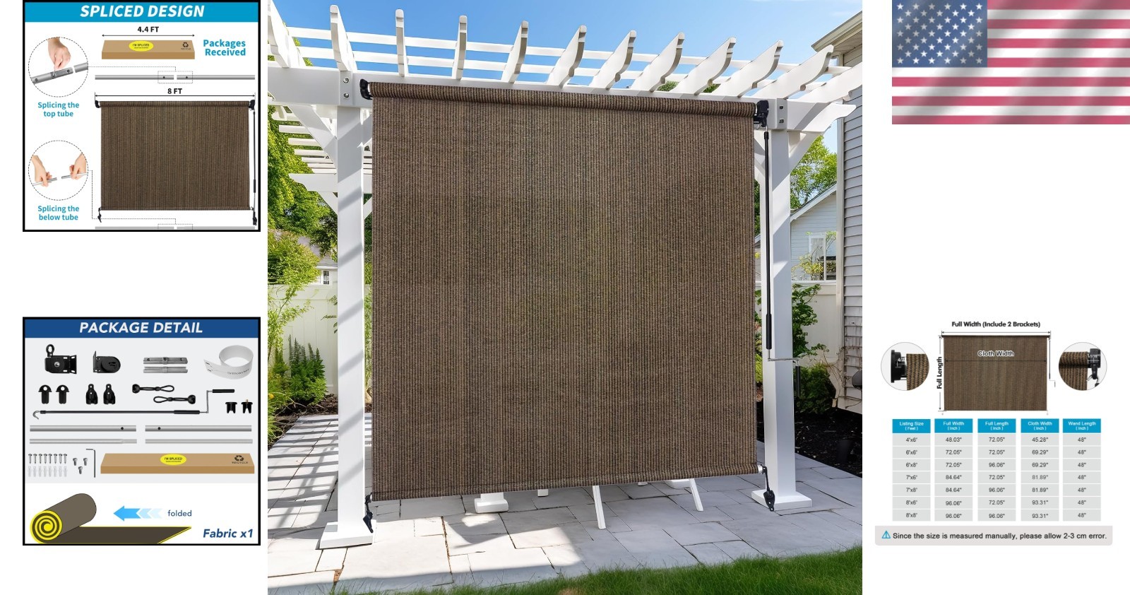 Outdoor Roller Shade 8×8 Mocha Patio Blinds Exterior Cordless UV Protection