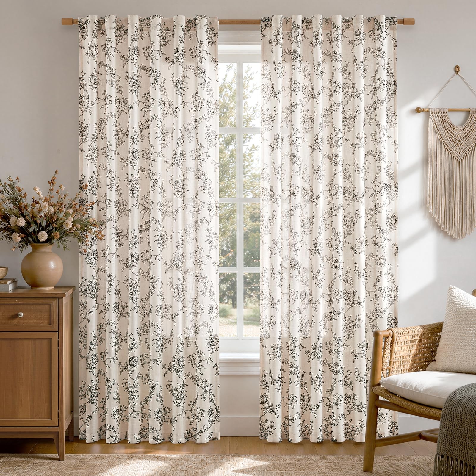 Floral Linen Curtains, Vintage French Country Curtain Drapes, Light Filtering…