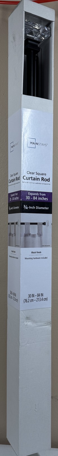 Mainstays Clear Square Curtain Rod 30-84″ Black Finish Adjustable w/ Finials NEW