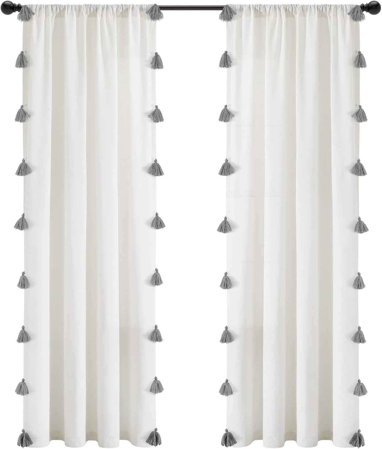 Boho Faux Linen Texture Tassel Window Curtain Panel Single 52″ W X 84″ L White &