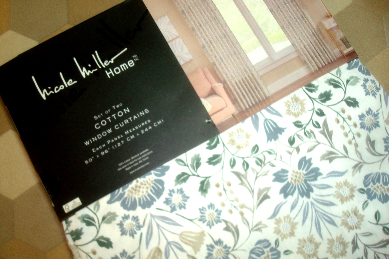 NWT Nicole Miller 2 pc Window Curtains Damask Cotton Floral Blue ea 50″ x 96″ lg