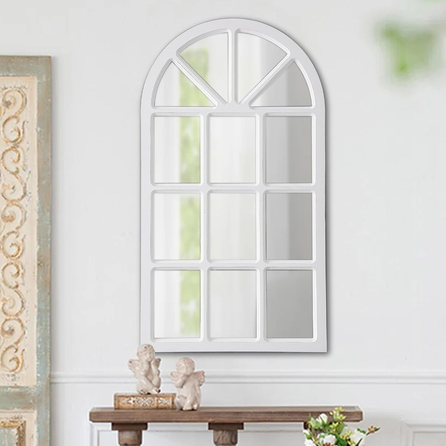 Rustic Arched Window Pane Mirror 20 X 36 Inch, Hanging Distressed White Window M