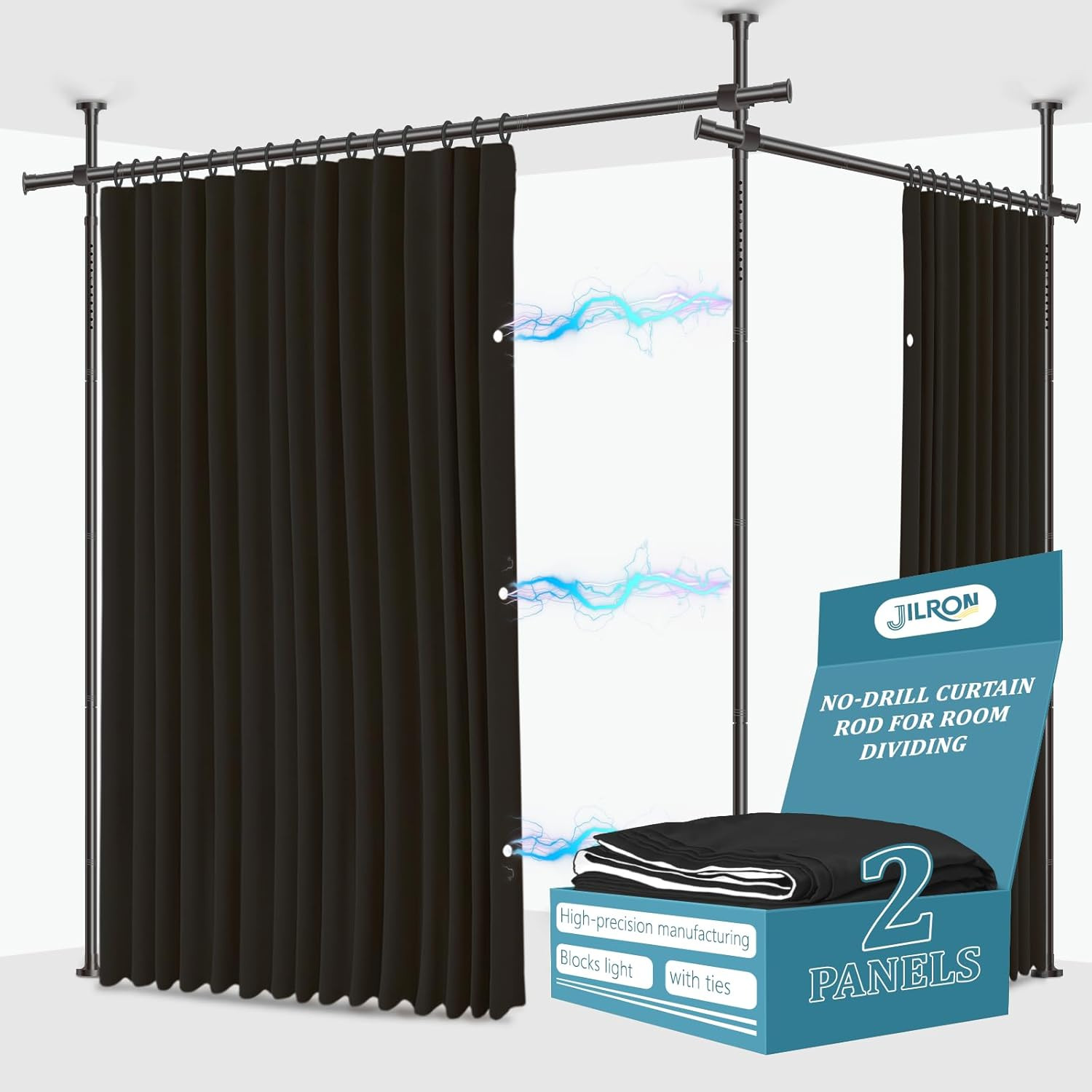 No-Drill Room Divider Curtains Set with Adjustable Pole Brackets – Black 106″x84