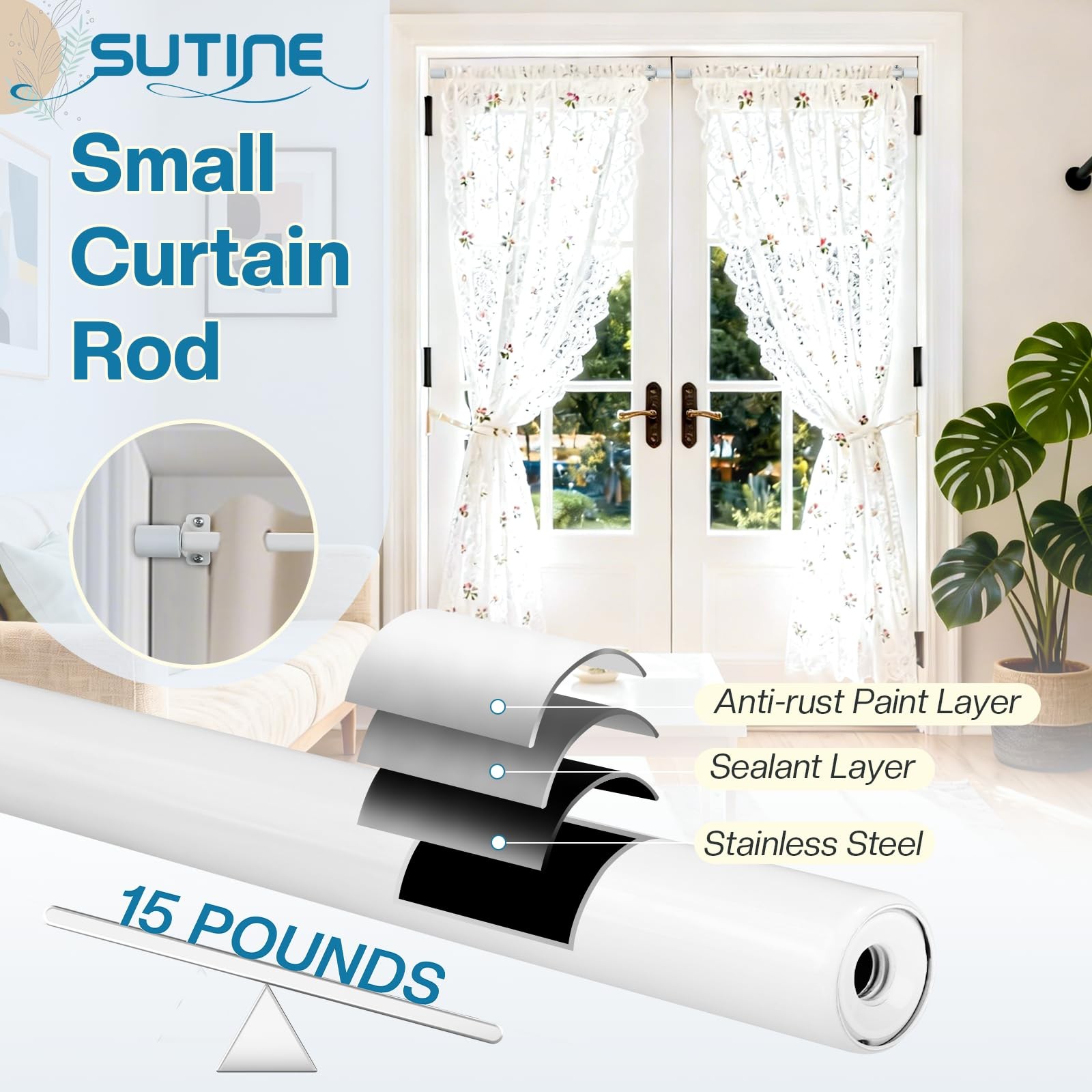 2 PCS White Thin Adjustable Small Curtain Rods 1830 Inch Kitchen Window Door