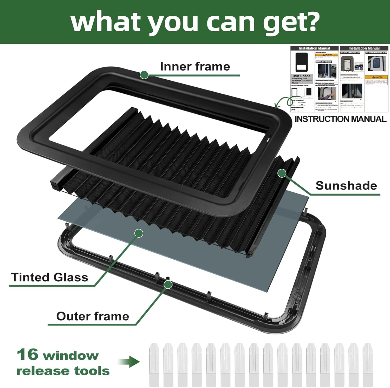806621 RV Entry Door Window Kit with Low-Profile Shade, 12″X21″ Black Replacemen