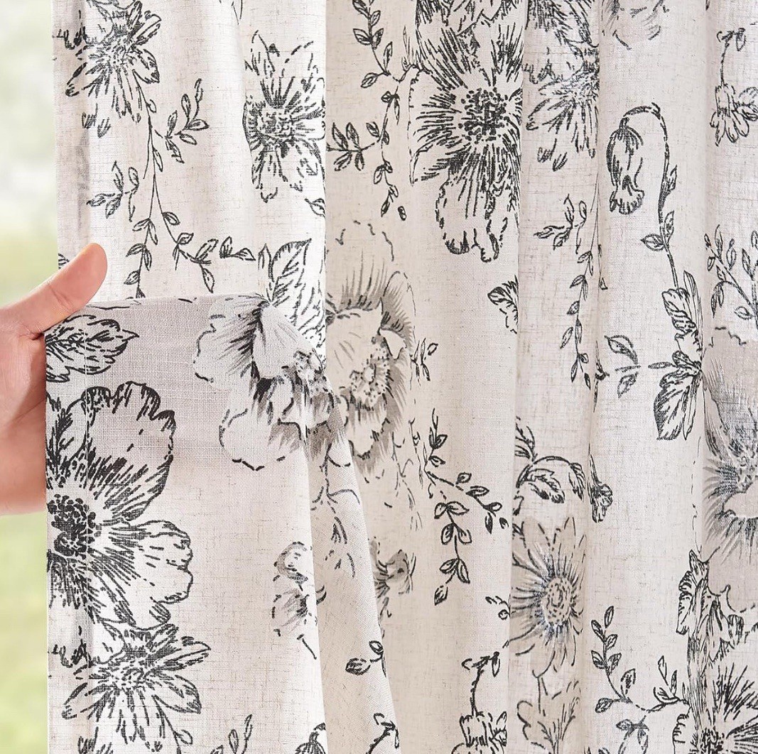 Linen Blend Curtains 42×84 In Floral Beige Black Print 2 Panels