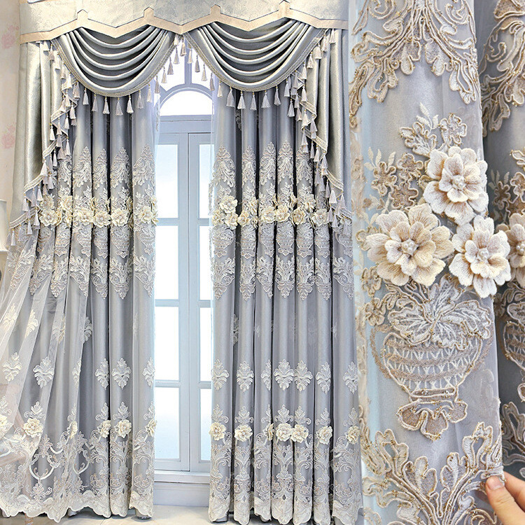 Custom European high-grade embroidered gauze grey cloth curtain valance C1128