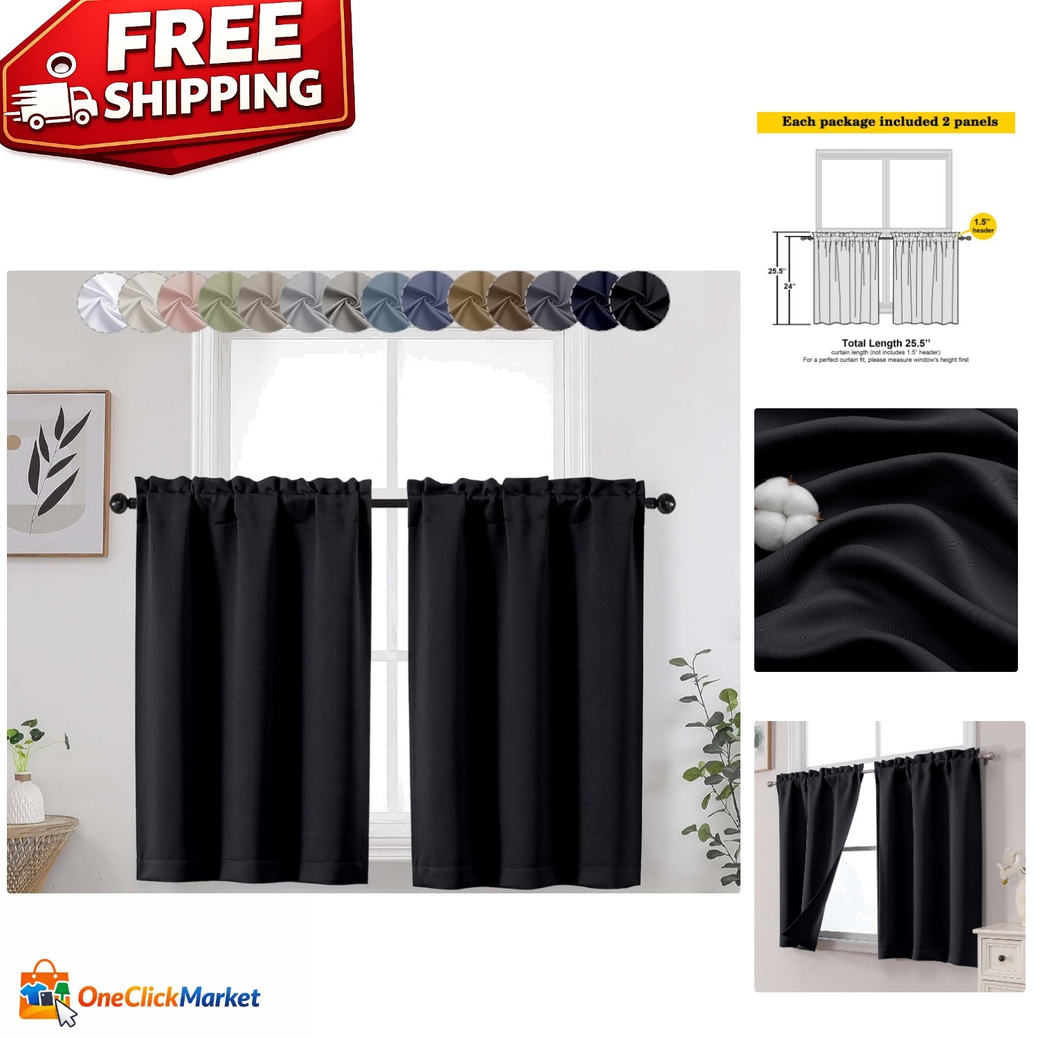 Black Short Blackout Curtains for Small Bedroom Window 36 Inches Long 2 Panels,